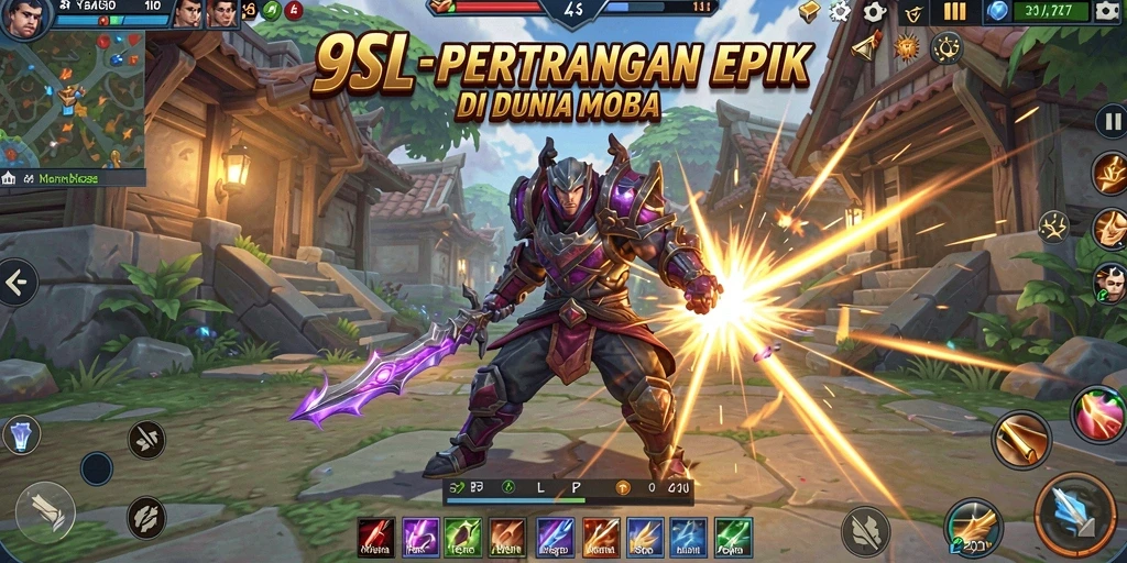 Screenshot utama 9SL menampilkan aksi seru dalam pertempuran MOBA.
