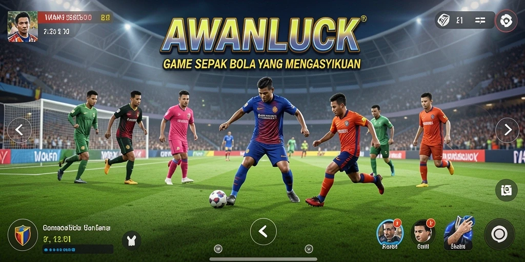 Tampilan gameplay seru di AWANLUCK dengan aksi sepak bola yang mendebarkan.