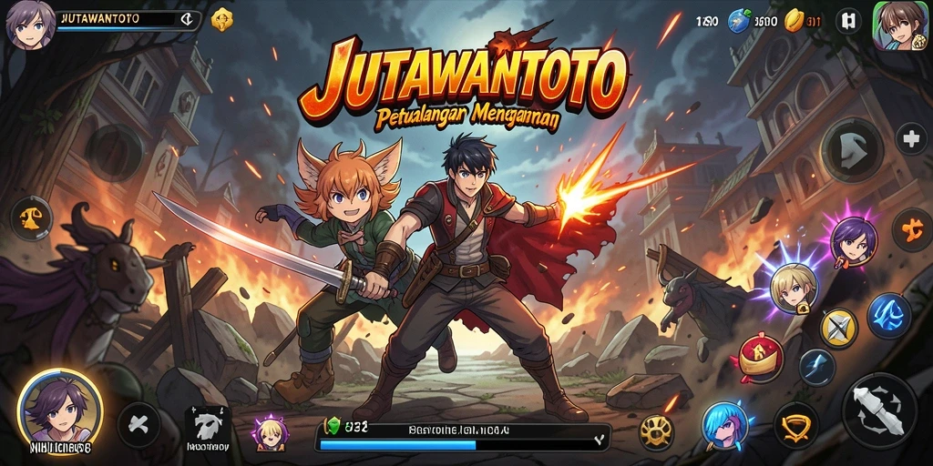 Tampilan gameplay utama JUTAWANTOTO memperlihatkan pertarungan seru dengan karakter Anime.
