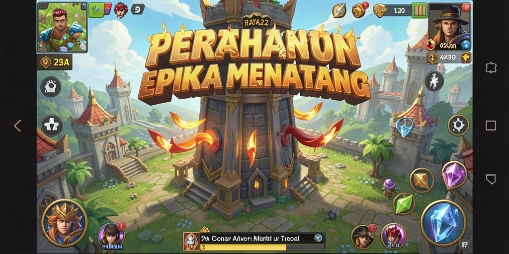Tangkapan layar gameplay RAYA22 yang menunjukkan menara dan musuh dalam pertempuran.