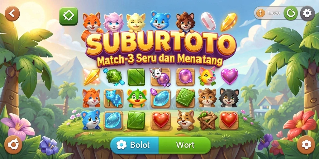Gameplay SUBURTOTO menampilkan kombinasi permata berwarna-warni yang menarik.