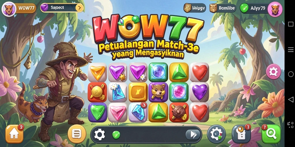 Tangkapan layar utama WOW77 menunjukkan gameplay Match-3 yang seru.