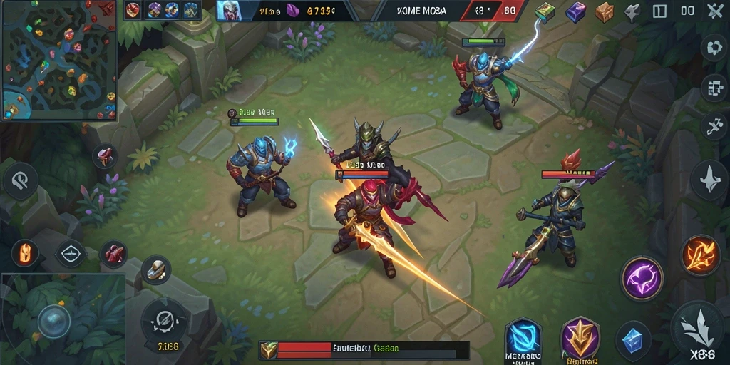 Screenshot gameplay X88 menampilkan pertarungan tim yang intens dan karakter unik.